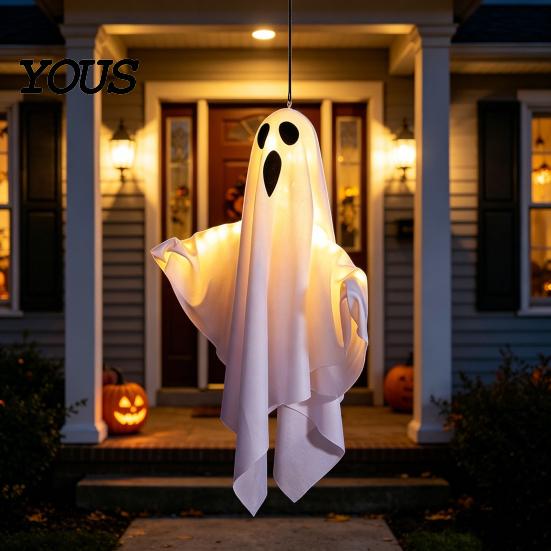 Window Hanging Ghost Ornament Halloween Glowing Decor, Fabric Light Up for Tree Door, Spooky Yard Patio Decoration Party, Trick or Treat Gift Outdoor