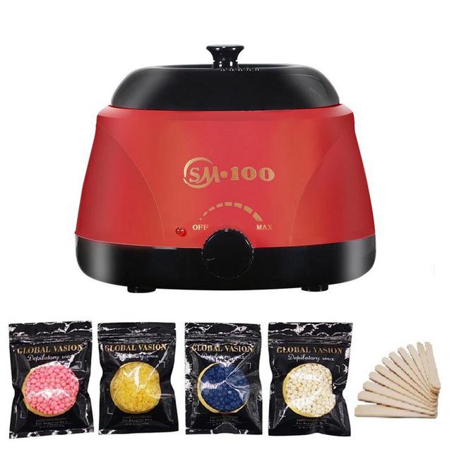 Elektrischer Wachserhitzer, Paraffinwärmer, Haarentfernungsmaschine, 100 g Bohnen, 10 Stück Holzaufkleber, Haarentfernungssets, Wachsset