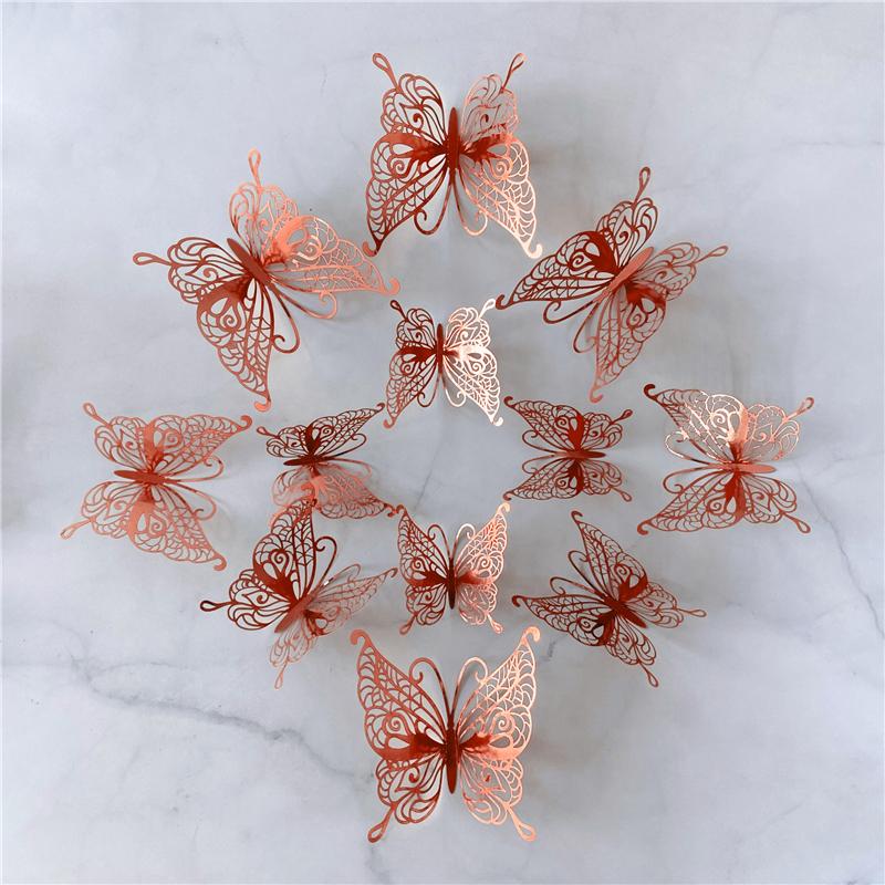 12Pcs/Set 3D Hollow Butterfly Wall Sticker Gold Silver Rose Wedding Decoration Living Room Home Decor Butterflies Decal Stickers KTY