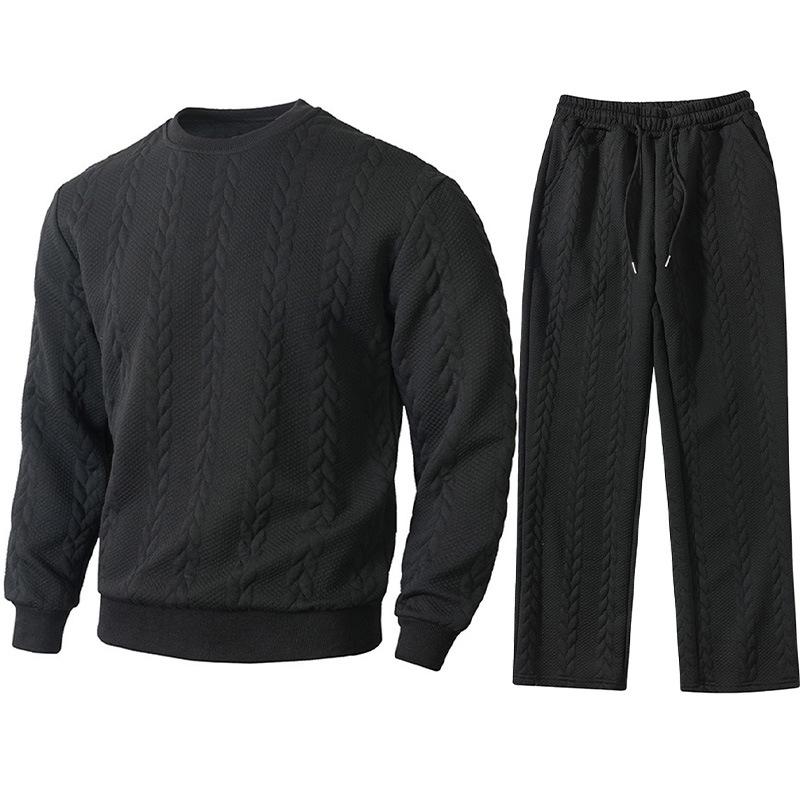 2025 Solid Color Sports Casual Jacquard Men's Warm Bottoming Shirt Sweater Pants Suit