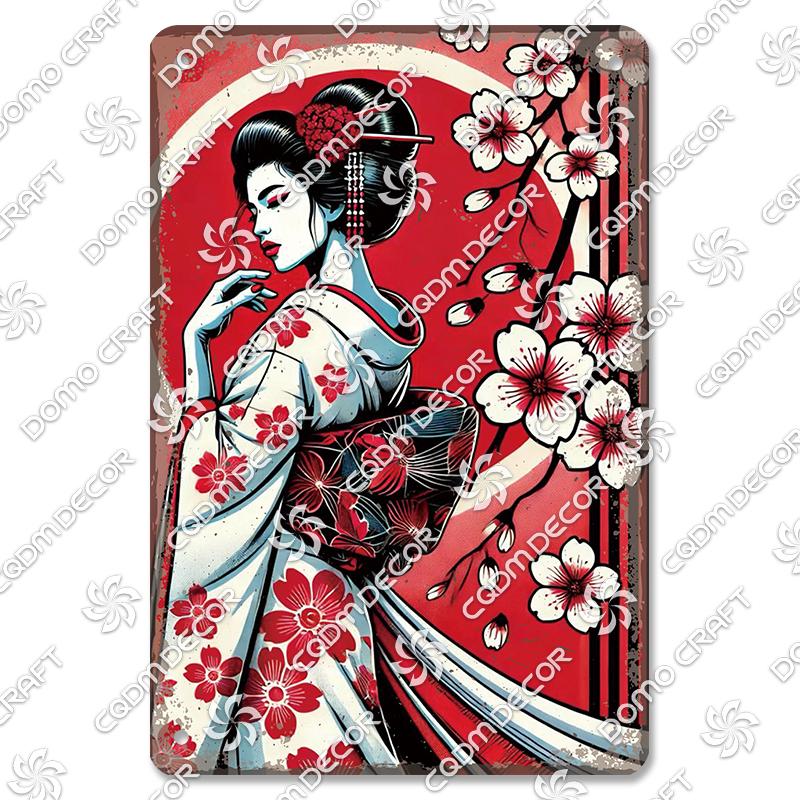 Retro Japanischer Stil Poster Metall Blechschilder Kimono Schönheiten Japanischer Samurai Vintage Metallplatte Wanddeko Club Bar Man Cave