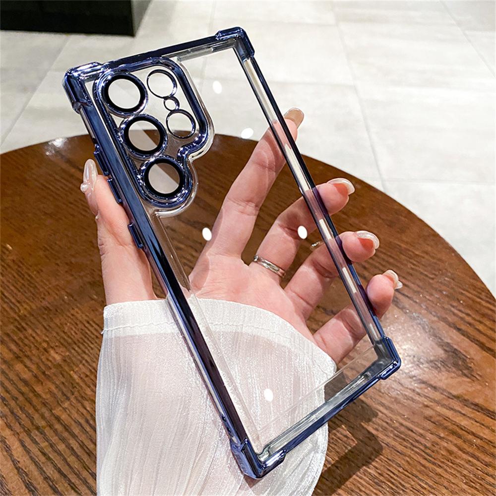 6D Plating Transparent Case For Samsung Galaxy S24 Ultra S22 Plus S23 FE Lens Film Camera Protection Air Cushion Clear Cover