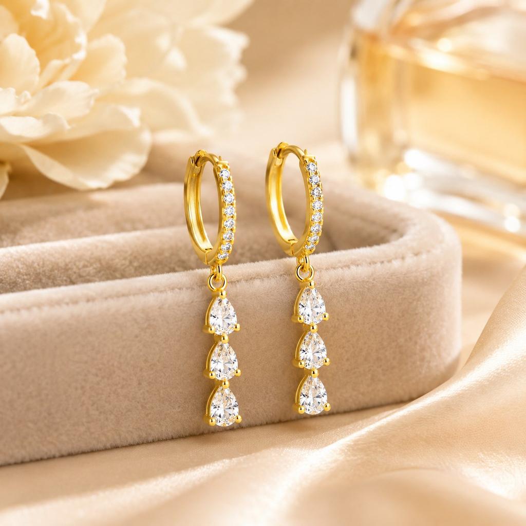 Drop Fringe Earrings, 14K Gold Plated Long Lasting Tarnish Free Marquise Pear Cut CZ Piercing Stud Jewelry Luxury Party Jewelry
