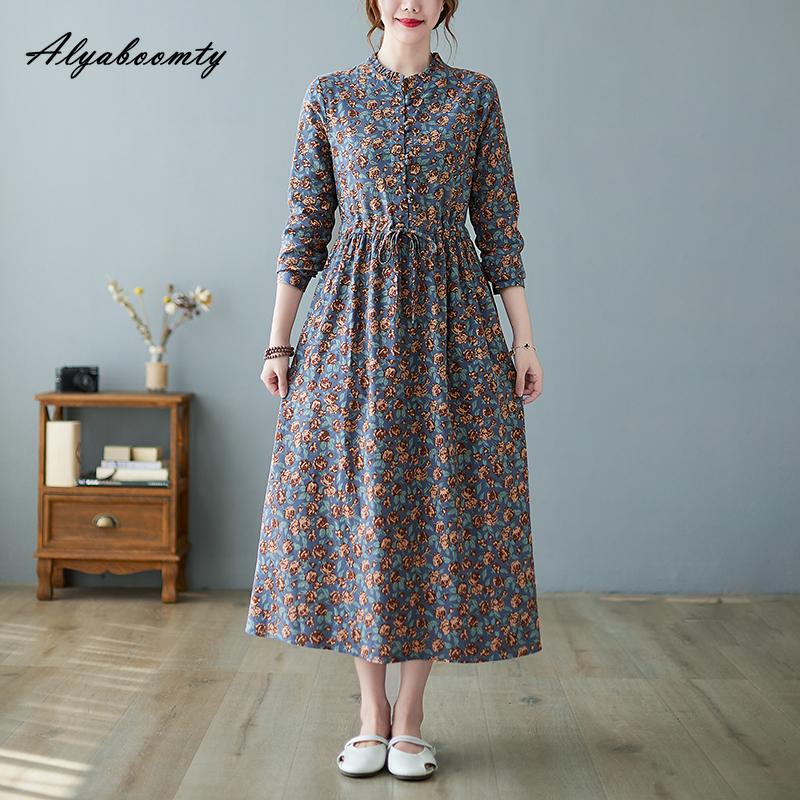 Korean Style Autumn Spring Women Midi A-Line Dress O Neck Floral Print Lace Up Dress Long Sleeve Elegant Ladies' Dress
