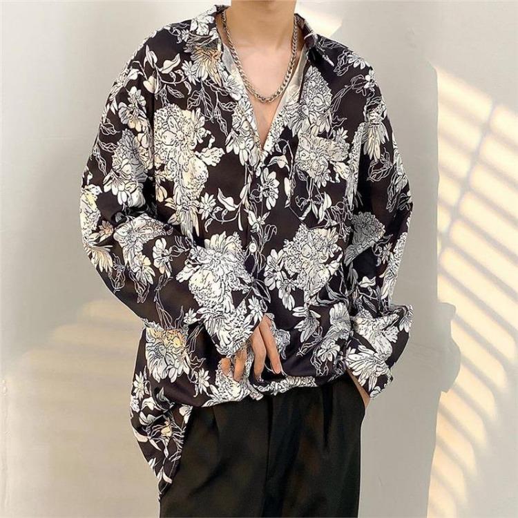 Retro Hong Kong Style Men's Floral Shirt Casual All-Match Jacket Japanese Korean Style Trendy Spring Autumn Fashion