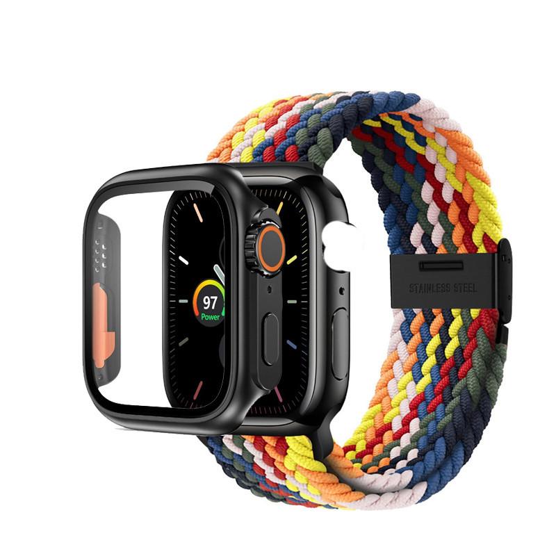 Nylon Strap And PC Case Elastic Woven Bracelet Protective Cover For Apple Watch Series 9 8 7 6 5 Se 4 I Watch 45mm 44mm 40mm 41mm