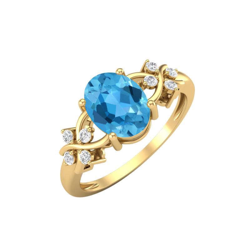 

8X6MM Oval Swiss Blue Topaz Gemstone 925 Sterling Silver Gold Plated Solitaire Halo Women Engagement Ring 7 жовтий