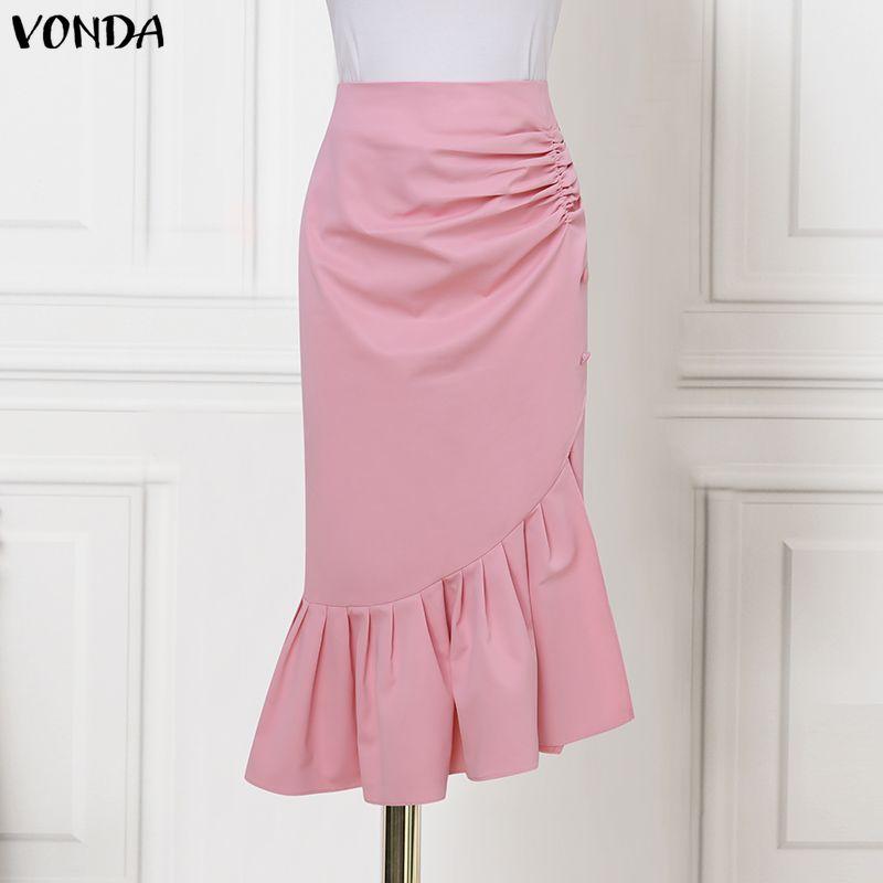 

VONDA Elegant Women Ruffled Zip-up Waist Side Splits Irregular Casual Party Skirts Dress M розовый
