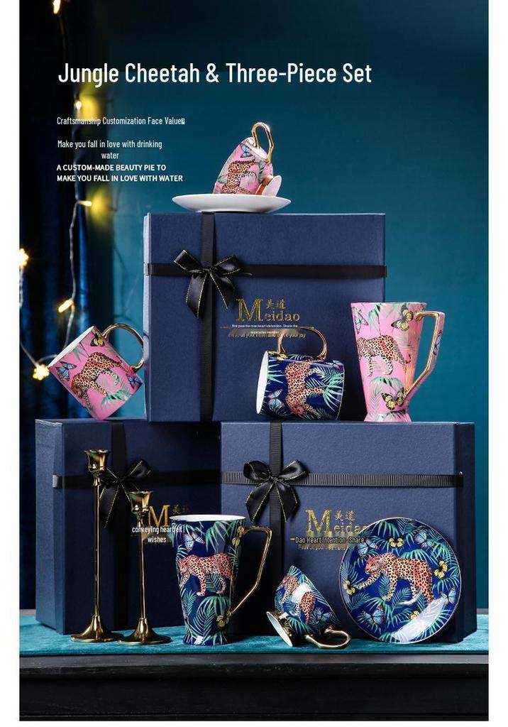 Jungle Cheetah Luxury European Bone China Mug Set - Large Capacity, Exquisite Design