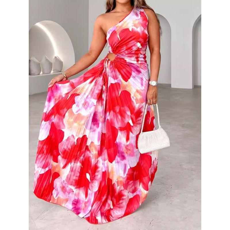 Fashion Print One Shoulder Sleeveless Dress Printed One Shoulder Sleeveless Dress