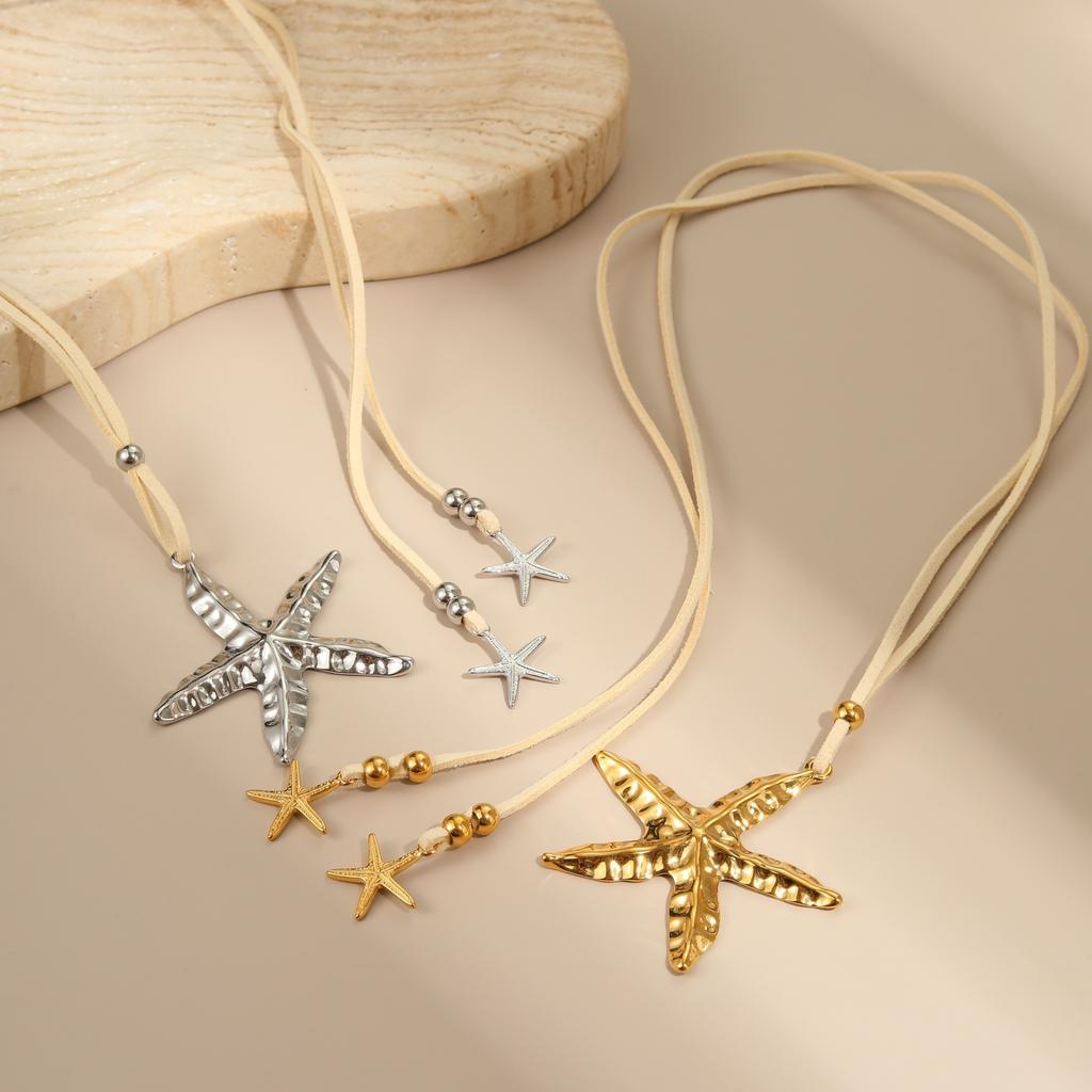 GEMCHIC Damen Seestern Anhänger Leder Wickel Halskette Verstellbar Edelstahl Bohemian Strand Schmuck