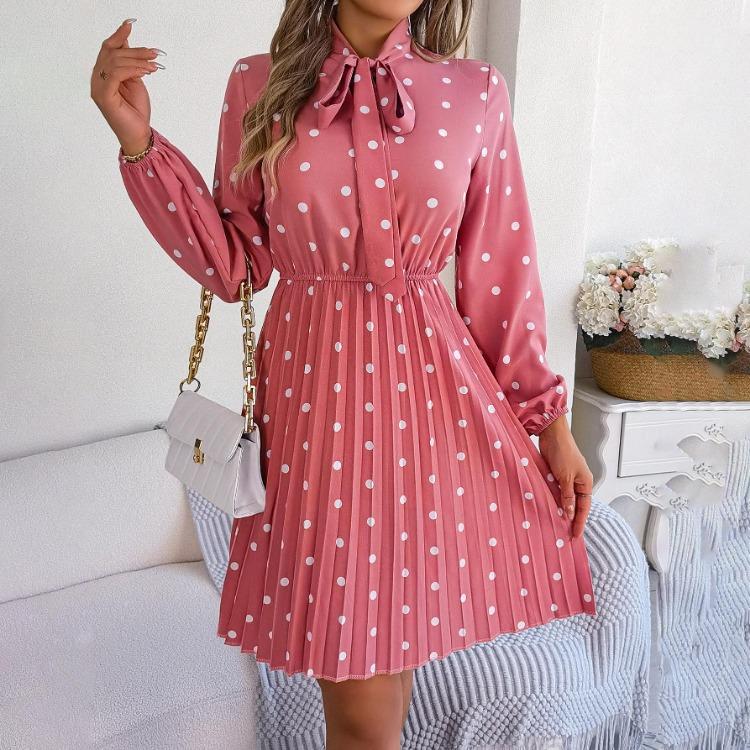 High Waist Women's Long Sleeve Dress Lace Up Pleated Dot Temperament Autumn Winter