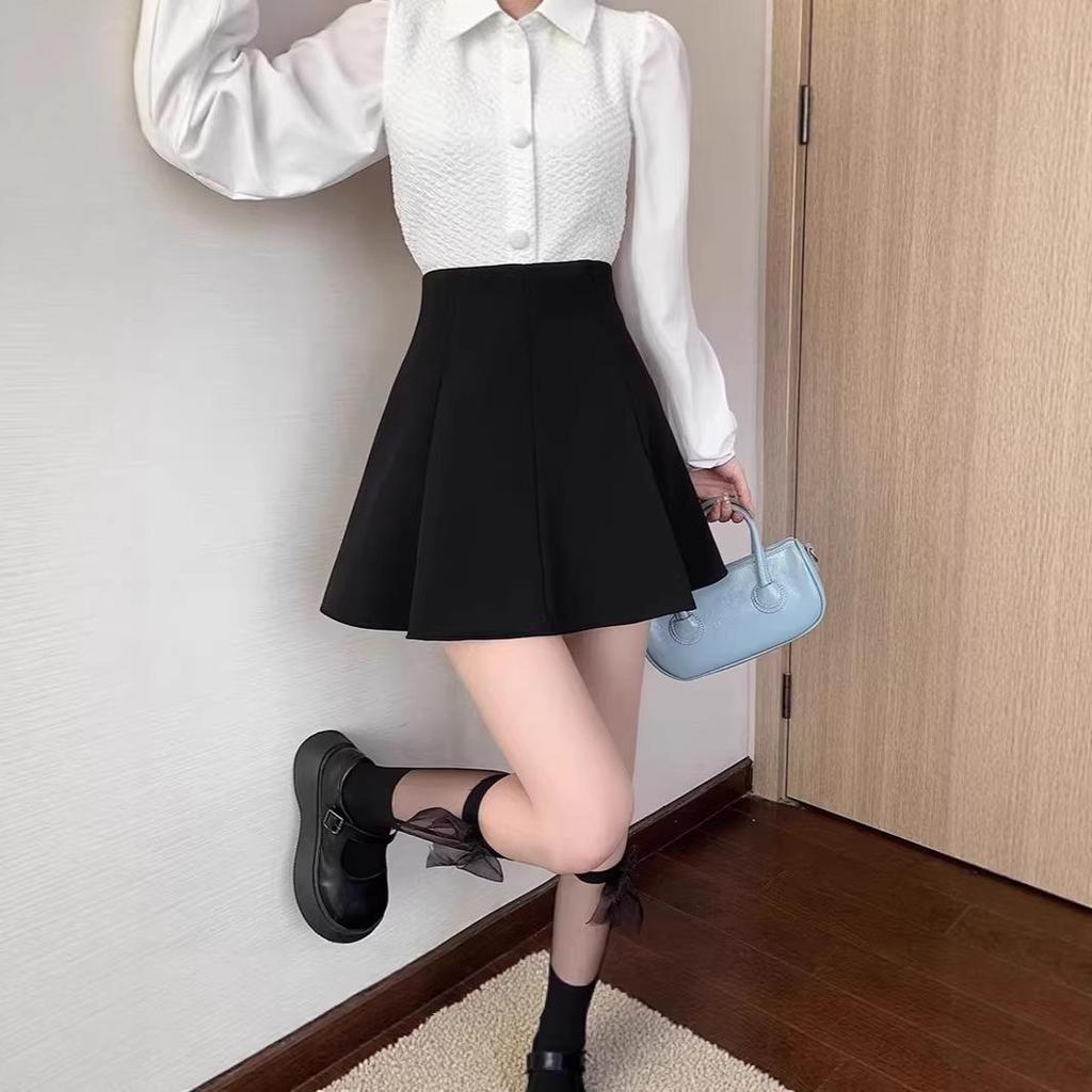 Black Pleated High Waist A-line Midi Skirt - Women's Summer Slimming Petite Flared Skirt with Hip-Hiding Design