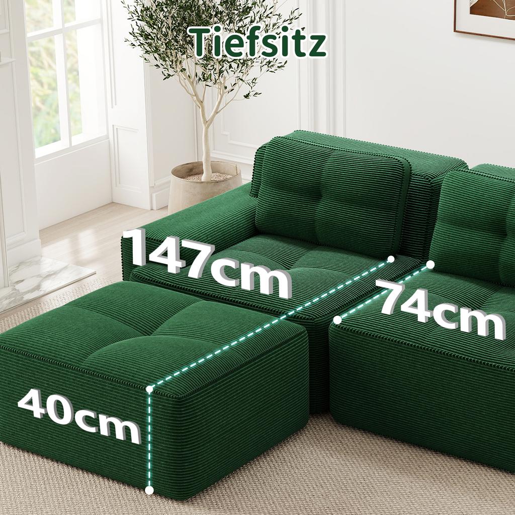 Cloud Modular Sofa Boneless L-Shaped Sofa, Modular Sofa with Ottoman, 3-Seater Corduroy Cloud Sofa for Living Room, Assembly-Free Sofa, Green