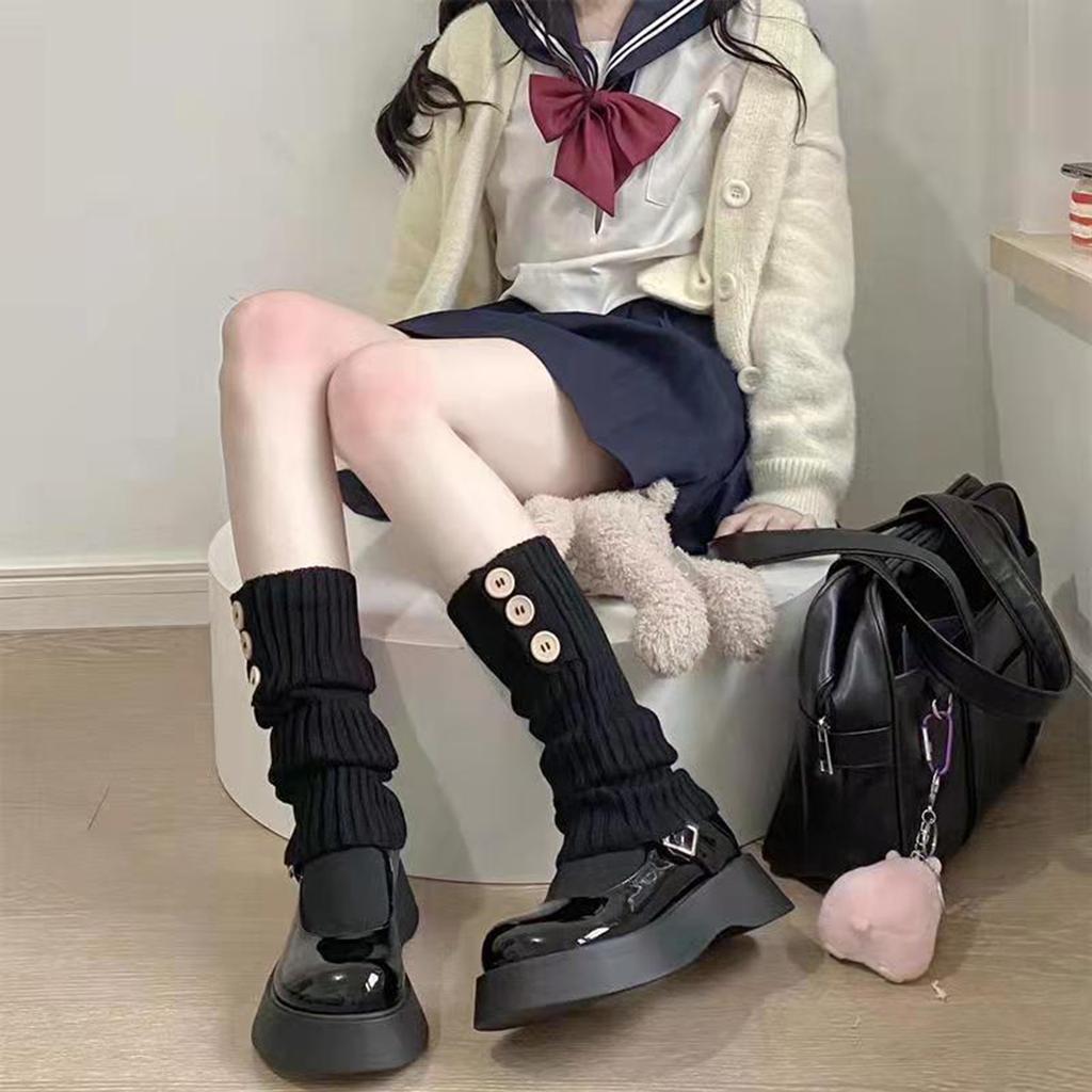 Women Student Novelty Leg Warmers Ribbed Knitted 3 Button Knee High Footless Boot Cuffs Solid Color Foot Covers Socks
