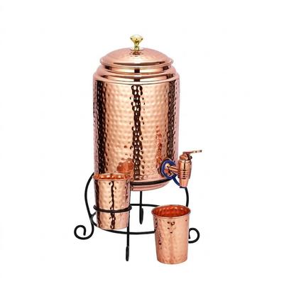 Copper Water Dispenser Set, 5 Litres, with Stand, 2 Glasses and ABS Tap, HaMmered Design (HaMmered Natura)