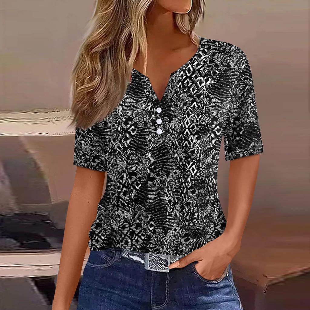 Dámské tričko Tričko Potisk knoflíku Krátký rukáv Denní víkend Móda Basic Top s výstřihem do V