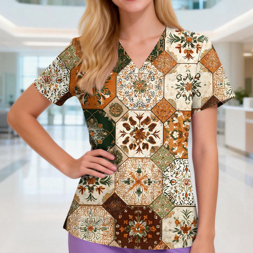 Damen V-Ausschnitt Drei-Taschen Kurzarm Retro-Print Uniform/Pflegekraft Oberteil Mit Schlitzen Am Saum