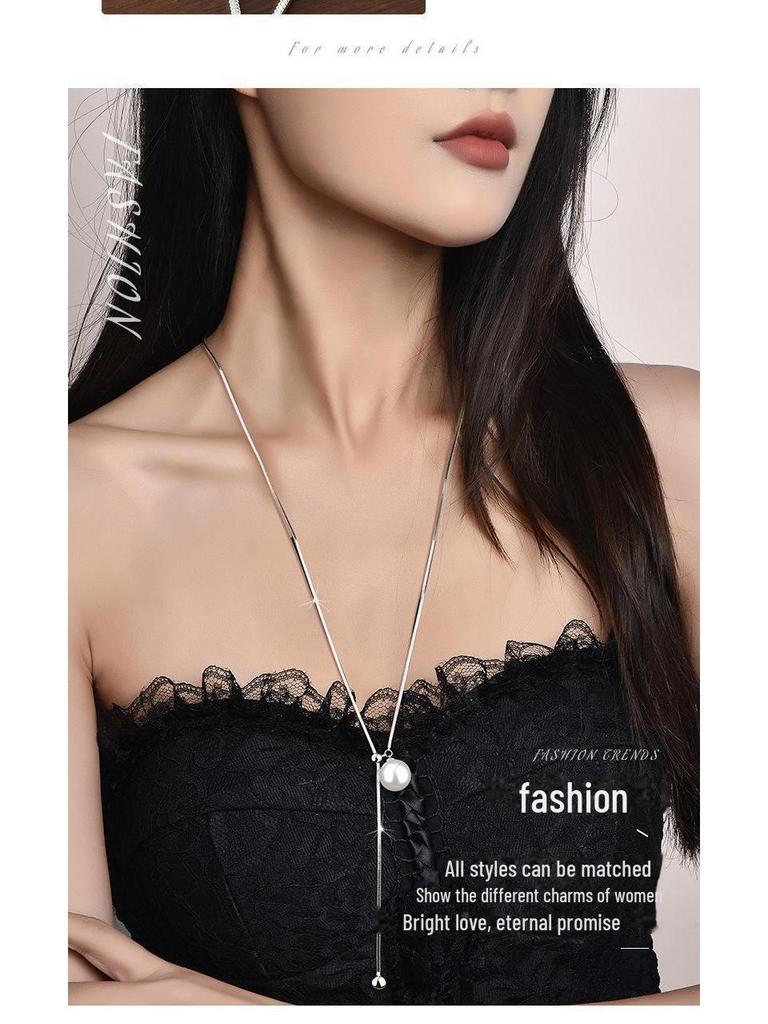 Titanium Steel Pearl Pendant Necklace for Women - Elegant Long Necklace for Autumn and Winter Sweaters