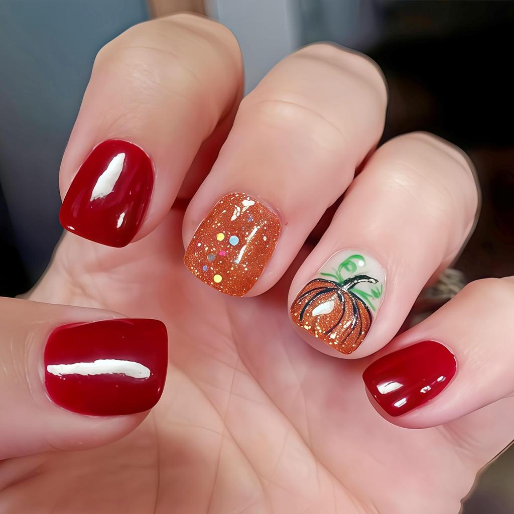 24Pcs Pumpkin Press on Nails Short Square Thanksgiving Fake Nails with Glitter Sequins Full Cover Fall Pumpkin False Nails Sparkly Autumn Acrylic