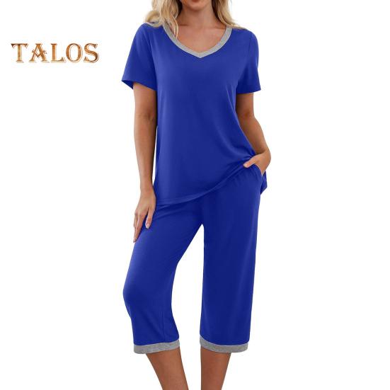 

Женский пижамный комплект с коротким рукавом, V-образным вырезом и широкими укороченными брюками, комплект из 2 предметов для дома, повседневная летняя одежда для сна с карманами XXL синий