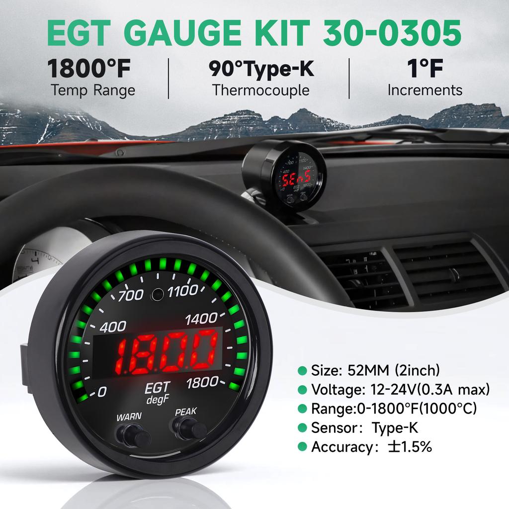 Car Digital Exhaust Gas Temperature EGT gauge 30-0305-ACC 52MM 1800F/1000C thermometer exhaust temp gauge Car Meter With Sensor