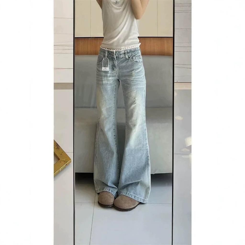 Women's Mid Waist Lace Trim Light Blue Flare Jeans Distressed Loose Wide Leg Denim Pants Streetwear