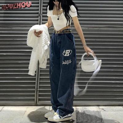 Vintage Oversize Baggy Jeans Ženy Podzimní korejské streetwear Potištěné Vysoký pas Široké nohavice Jeny pro ženy Modré Hiphop Dámské harémové kalhoty