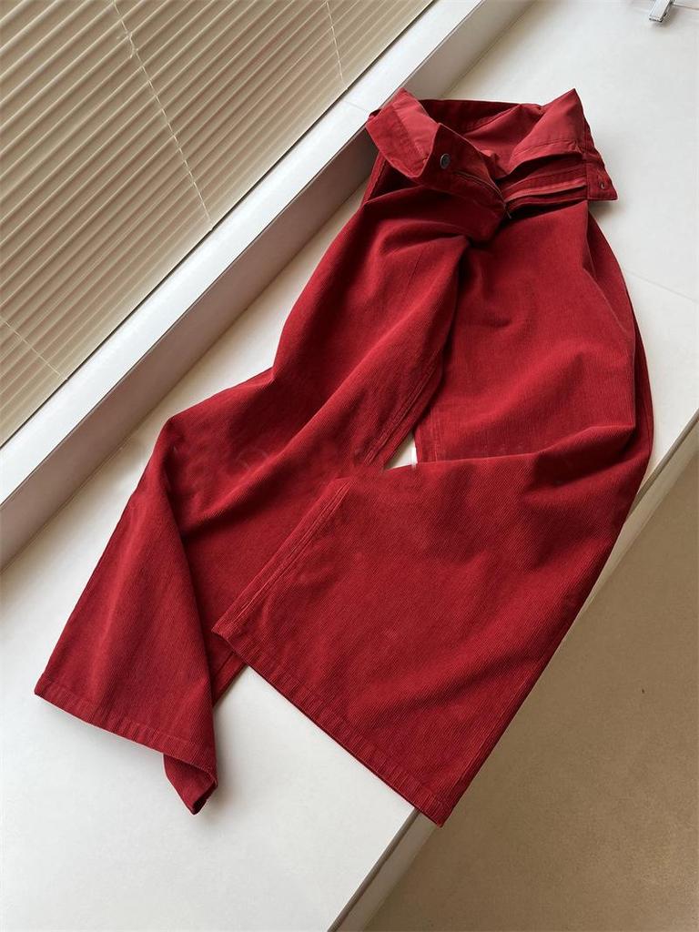 Chic Red Angora Ribbed Wide-Leg Pants with Superior Fabric