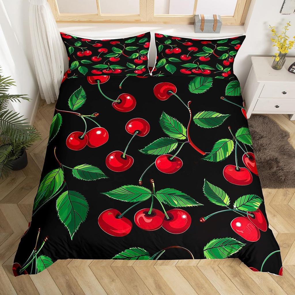 Red Cherry Printed Bedding Set Cartoon Tropical Fruit Duvet Set Three-Piece Set