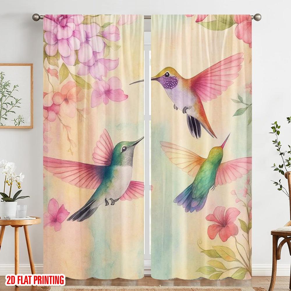 2pcs,2D Plane Printing Curtains&Window Treatment Hummingbird Harmony(1) Versatile 100% Polyester (without Rod) Art Deco Festive