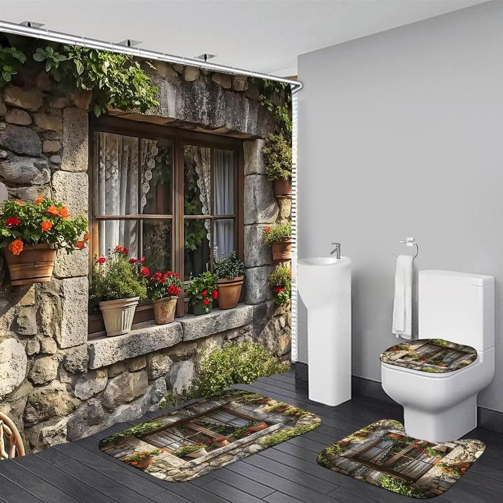 4Pcs Bathroom Shower Curtain Set Lotus  Bathroom Curtain With 12 Hooks Non Slip Rugs Toilet Cover Mat Bathroom Partition