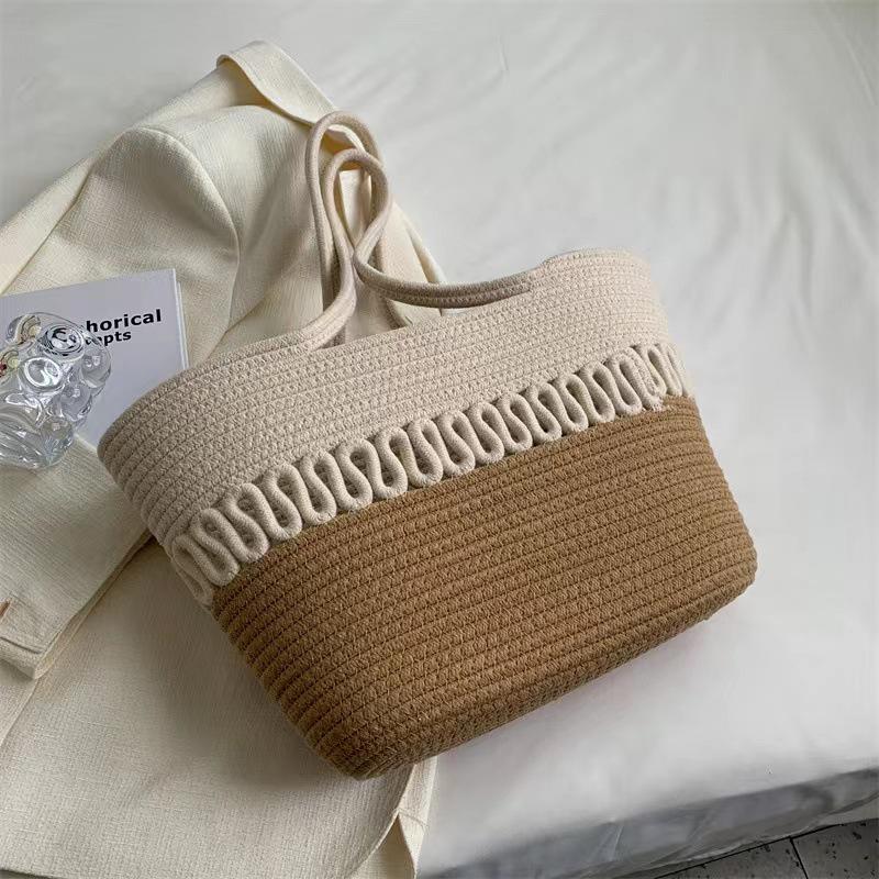 Retro Style Women's Color Block Large Cotton Rope Woven Beach Bag