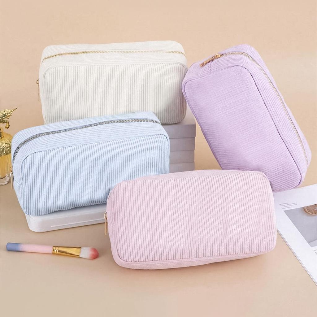 Large Capacity Corduroy Striped Travel Makeup Bag - Portable and Stylish