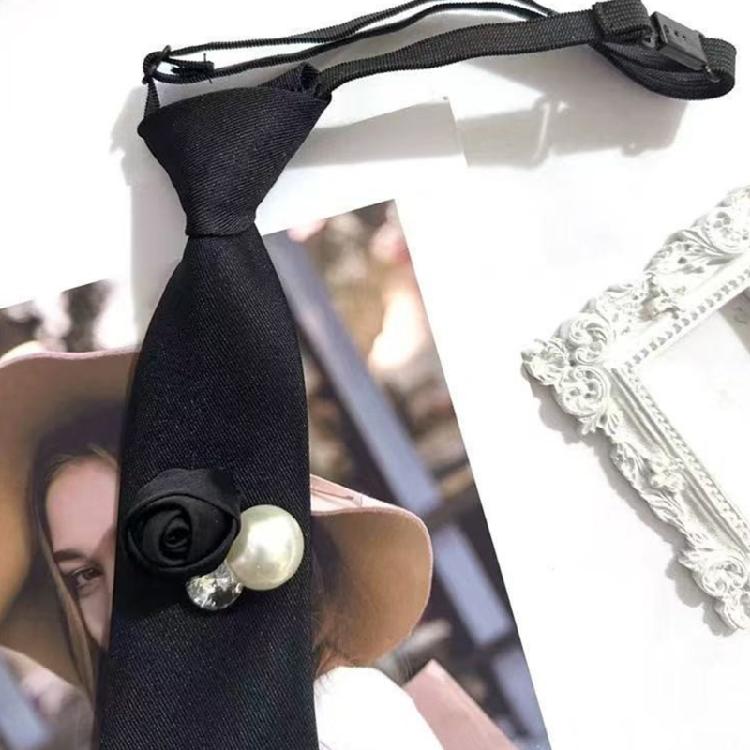 Elegant 3D Black Floral Necktie with Rhinestones Pearls Student Pre Tied Adjustable Ties Uniform School Shirt Necktie