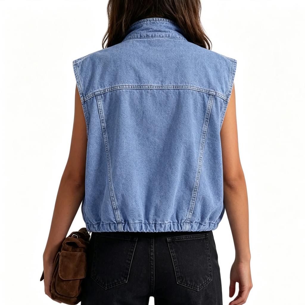 Damen Mode Lässig Ärmellose Jeansweste mit Reißverschlusskragen