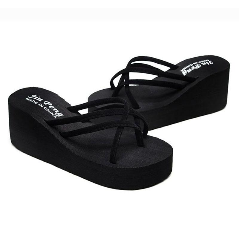 High Heeled Thick Sole Slippers Women's Flip-flops Summer Beach Anti Slip Fashion Outwear Sandals Simple and Casual Style