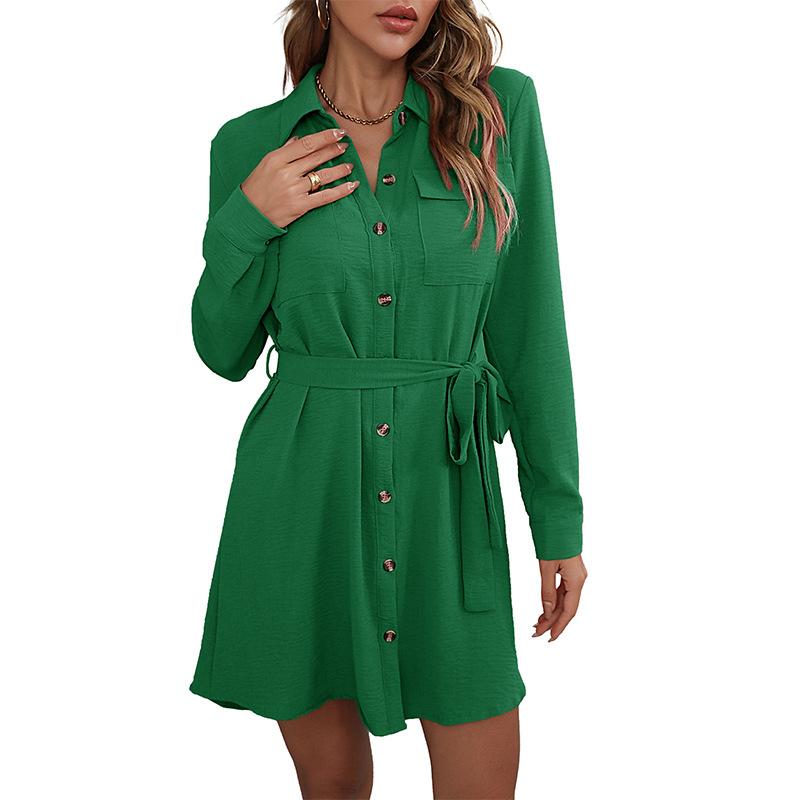 European and American Fashion Dress Red Long-sleeved Lapel Shirt Skirt