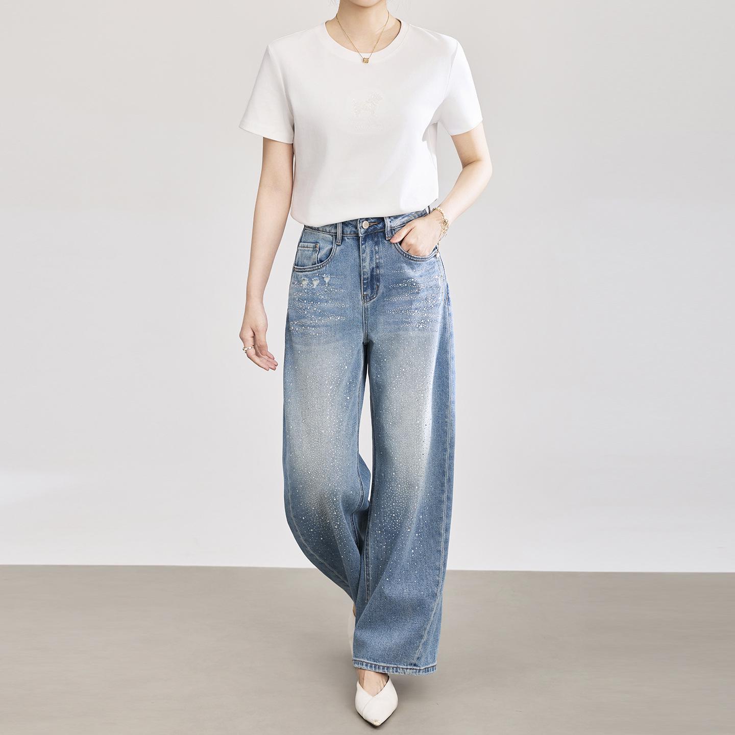 Sparkling Star Rhinestone Wide-Leg Jeans - Women s Spring/Summer Curved Pants 26