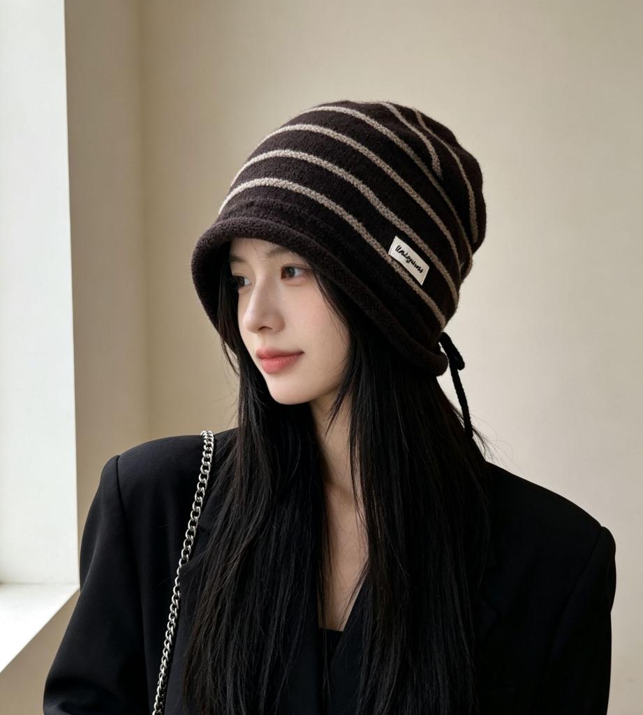 Winter Striped Knitted Hat Women Rolled Cuff Letter Beanie Cute Casual Warm Ear Protection Cold-Proof Cap