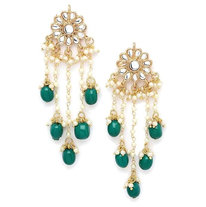 Green Crystal and Pearl Kundan Dangler Earrings for Women Onesize