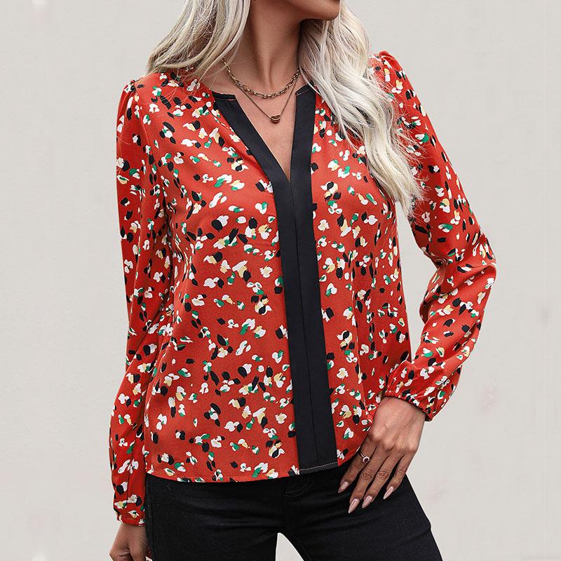 Autumn Women's V-neck Temperament Long Sleeve Red Shirt