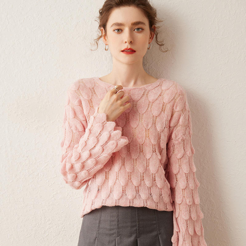 Sweater Women's Top Hollow Feather Design Fashionable Thin Spring Autumn Inner Wear Bottoming Sweater