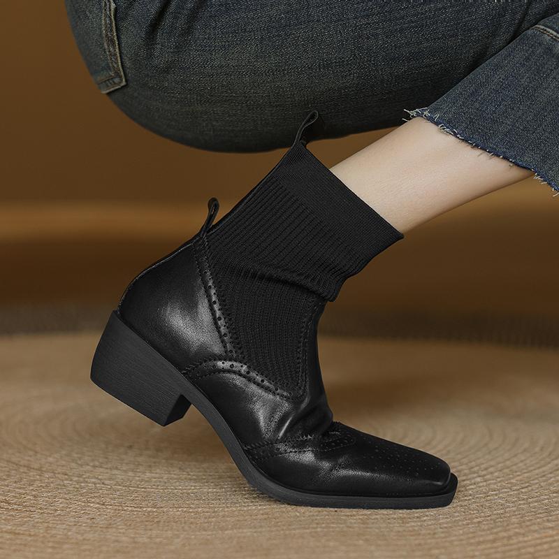 Fashion 2024 Winter Genuine Leather Women Boots Autumn Women Shoes Brogues Vintage Block Stretch Chelsea Boots Retro Ankl Boots