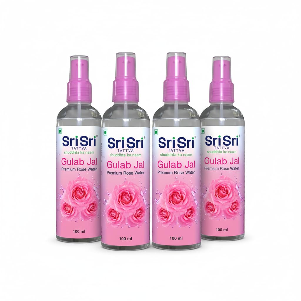 Sri Sri TATTVA nom de la pureté Spray d'eau de rose, 100ml (Paquet de 4) - Brume d'Eau de Rose Pure pour une Peau Hydratée et Éclatante - Tonique & Nettoyant Premium pour