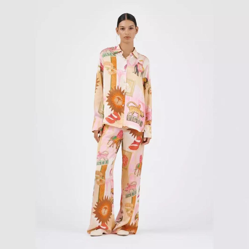 Women's Fashion Linen Personality Printed Macaron Color Long-sleeved Shirt Suit