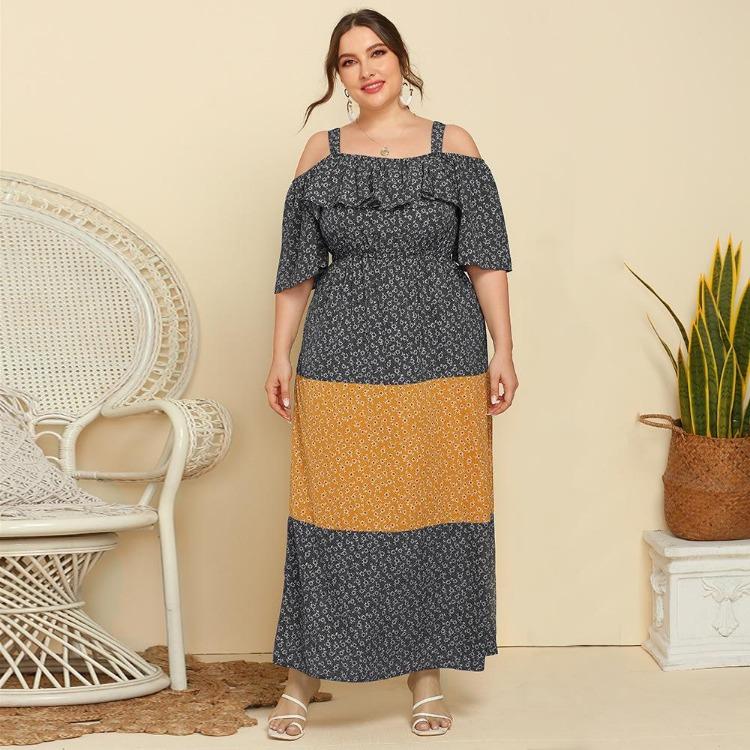 Plus Size Floral Long Dress Women Loose Sling Ruffled Contrast Color Spring Summer XL 4XL Fashion Trendy