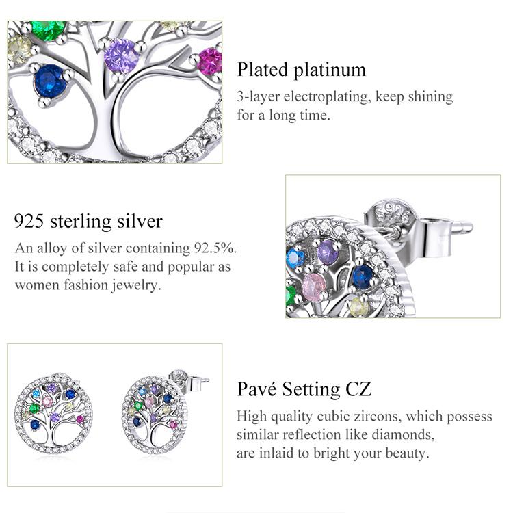 BAMOER Authentic 925 Sterling Silver Colorful Tree of Life Earring Stud Statement Fashion Jewelry