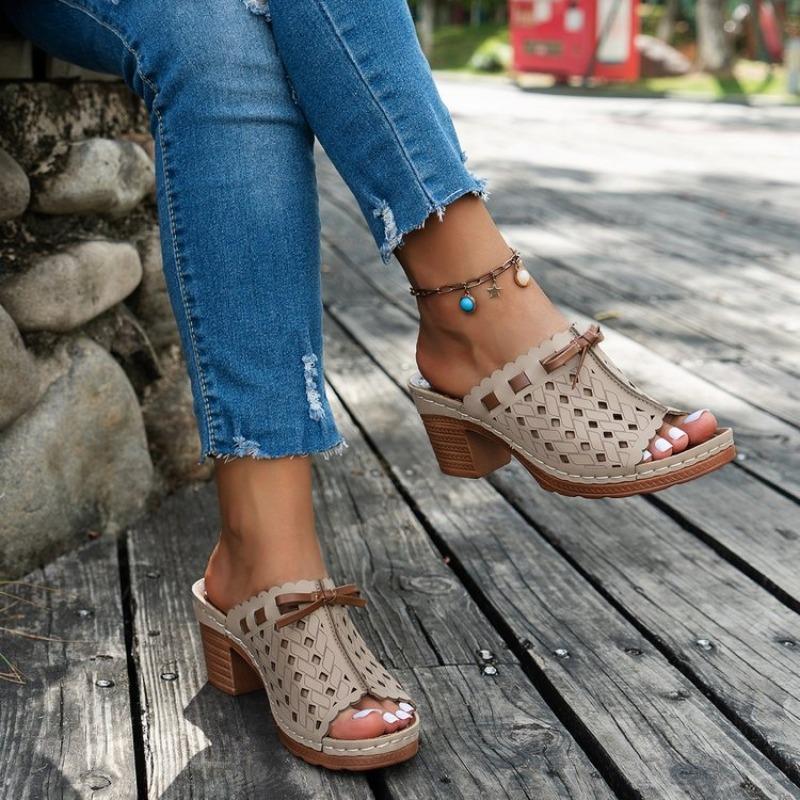 Women's Summer Hollow High-Heel Peep-Toe Chunky-Heel Color-Blocked Slide Sandals, Comfortable Outdoor Footwear, Available In Large Sizes.