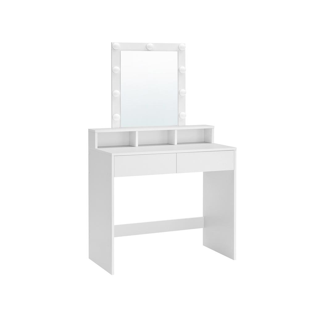 VASAGLE RDT114W01 Dressing Table with Mirror and Bulbs, Cosmetic Table with 2 Drawers and 3 Open Compartments, Dressing Table for Makeup, Modern